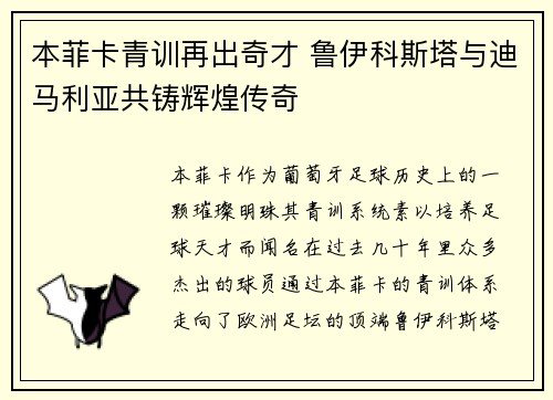 本菲卡青训再出奇才 鲁伊科斯塔与迪马利亚共铸辉煌传奇