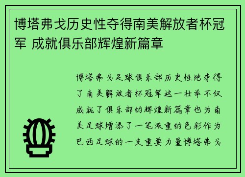 博塔弗戈历史性夺得南美解放者杯冠军 成就俱乐部辉煌新篇章